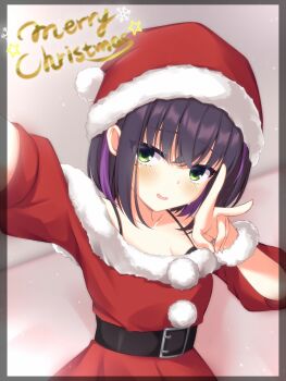 1girl asagi_nanami bare_shoulders belt black_belt black_border black_bra black_hair blurry blurry_background blush border bra bracelet breasts christmas cleavage collarbone commentary crossed_bangs dress eyes_visible_through_hair fur-trimmed_dress fur-trimmed_headwear fur_bracelet fur_trim furrowed_brow green_eyes hair_between_eyes hand_up hat highres jewelry limelight_lemonade_jam long_sleeves medium_hair merry_christmas mole mole_under_eye multicolored_hair nabari_anju open_mouth outstretched_arm pom_pom_(clothes) purple_hair red_dress red_hat santa_costume santa_hat selfie shy smile snowflakes solo star_(symbol) streaked_hair underwear upper_body v