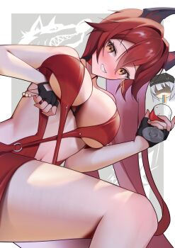 Rule 34 | 2girls, absurdly long hair, absurdres, black gloves, blush, breasts, cleavage, cup, dress, drinking glass, evening gown, fingerless gloves, gloves, goddess of victory: nikke, highres, holding, holding cup, horns, large breasts, long hair, looking at viewer, mechanical horns, merry 051922, multiple girls, navel, no bra, official alternate costume, red dress, red hair, red hood (nikke), red hood (nonsense red) (nikke), sitting, smile, snow white (nikke), thighs, very long hair, wine glass, yellow eyes