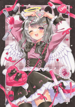 1girl ;d absurdres angel angel_wings arms_up bag black_bow black_skirt black_thighhighs blush bow commission feathered_wings frilled_skirt frills garter_straps grey_hair hair_ornament hairclip halo handbag heart heart_hands highres jirai_kei long_hair long_sleeves looking_at_viewer maripori marker_(medium) one_eye_closed open_mouth original pink_shirt puffy_long_sleeves puffy_sleeves purple_eyes sensitive shirt shoulder_bag skirt smile solo thighhighs traditional_media white_wings wings