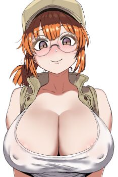 1girl bare_shoulders blush breasts brown_eyes brown_hat brown_vest cleavage closed_mouth commentary covered_erect_nipples fio_germi glasses hat highres huge_breasts looking_at_viewer metal_slug ongiit orange_hair round_eyewear simple_background smile solo tank_top upper_body vest white_background white_tank_top