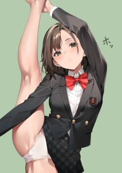 1girl blush bow bowtie brown_hair clothes_lift collared_shirt commentary_request furisuku grey_eyes leg_up looking_at_viewer original panties school_uniform shirt short_hair skirt skirt_lift solo split standing standing_on_one_leg standing_split underwear white_panties