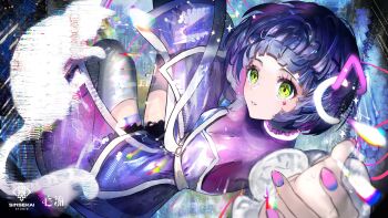 1girl aru_(sinsekai) bodysuit cape commentary_request copyright_name facial_mark foreshortening gawako glitch green_eyes highres kamitsubaki_studio nail_polish parted_lips purple_bodysuit purple_cape purple_hair purple_nails shinsekai_keikaku_sinsekai_city_project short_hair silver_legwear sinsekai_record smile solo thighhighs virtual_youtuber waist_cape