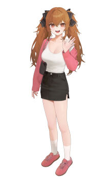 Rule 34 | 1girl, absurdres, alternate costume, bag, black bow, black skirt, blush, bow, breasts, brown eyes, brown hair, cleavage, collarbone, commentary, denim, denim skirt, detached sleeves, english commentary, full body, girls' frontline, girls' frontline 2: exilium, hair bow, highres, kir (khw66136132), lenna (girls' frontline 2), looking at viewer, open mouth, pink shoes, pink sleeves, shirt, shoes, shoulder bag, simple background, single off shoulder, skirt, smile, solo, teeth, twintails, ump9 (girls' frontline), white background, white shirt