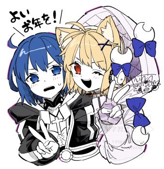 2girls ahoge animal_ears arcueid_brunestud black_jacket blonde_hair blue_bow blue_eyes blue_hair blush bow c.i.e.l_(fate) ciel_(tsukihime) commentary_request cross cross_necklace fate/grand_order fate_(series) fingerless_gloves gloves headphones highres jacket jewelry multiple_girls mysterious_executor_c.i.e.l_(fate) necklace one_eye_closed open_mouth phantas-moon phantas-moon_(second_ascension) red_eyes sakake_asobi short_hair simple_background smile sweatdrop translation_request tsukihime tsukihime_(remake) v white_background white_jacket
