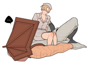 ... 2boys bbiiyak blonde_hair closed_mouth collarbone commentary crossdressing crossdressing_(mtf) dress english_commentary hat highres james_sunderland male_focus multiple_boys nurse nurse_cap pectoral_cleavage pectorals pyramid_head scar scar_on_arm silent_hill_(series) silent_hill_2 simple_background sitting sitting_on_person spoken_ellipsis white_background white_dress