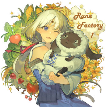 1girl 9twoeight ;d absurdres animal apple blonde_hair blue_dress blue_eyes cabbage cherry commentary commission copyright_name corn detached_sleeves dress english_commentary flower food fruit hair_ribbon highres holding holding_animal hug long_hair long_sleeves low_ponytail mist_(rune_factory) mokomoko_(rune_factory) one_eye_closed open_mouth parted_bangs ponytail ribbon rune_factory rune_factory_1 sheep smile solo sparkle tomato turnip yellow_flower