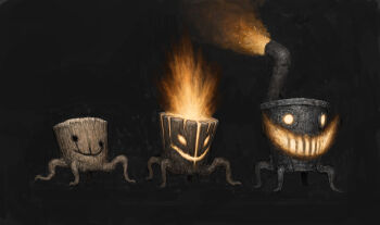 all_fours ariel_perez black_background creature creature_focus evolution exhaust_pipe fantasy fire full_body highres original stove tree_stump wood-burning_stove