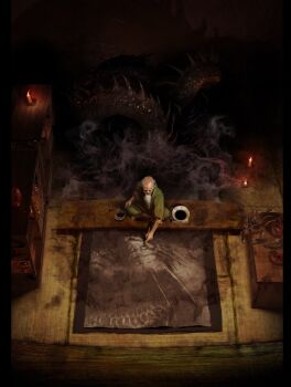 Rule 34 | 1boy, bald, beard, bowl, bridge, cabinet, candle, candlelight, facial hair, from above, green pants, green shirt, highres, holding, holding paintbrush, indian style, indoors, ink, irori (hearth), long beard, male focus, minami cha, monster, old, old man, original, outstretched arm, paintbrush, painting (action), painting (object), pants, pillarboxed, shelf, shirt, sitting, smoke, surreal, tatami, through medium, through painting, through screen, traditional youkai, vase, withered