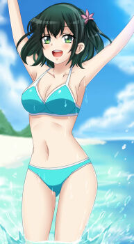 1girl armpits arms_up bad_girl_(manga) bare_arms bare_legs bare_shoulders beach bikini black_hair blue_bikini blurry blurry_background blush breasts cloud collarbone day dot_nose feet_out_of_frame female_focus green_eyes hair_between_eyes highres looking_at_viewer medium_breasts mountain navel open_mouth outdoors ruriha_rura scenery sky solo standing swimsuit teeth wet