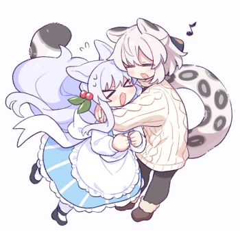 >_< 2girls animal_ears apron black_shoes blue_dress blue_hair blush closed_eyes dress flying_sweatdrops fox_ears fox_girl fox_tail frilled_apron frilled_dress frills full_body hug long_hair long_sleeves multiple_girls musical_note open_mouth original pinafore_dress shirt shoes short_hair simple_background sleeveless sleeveless_dress snow_leopard_ears snow_leopard_girl snow_leopard_tail socks standing striped_clothes striped_dress suzuno_(suzuno3110) sweat sweater tail white_apron white_background white_hair white_shirt white_socks white_sweater