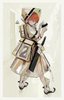 1girl absurdres backpack bag belt belt_pouch black_belt cocking_gun commentary english_commentary gloves green_eyes gun hair_ornament hairclip handgun highres holding holding_gun holding_weapon hood looking_at_viewer original polilla polivia pouch red_hair see-through_clothes shoes short_hair techwear thigh_sheath weapon white_background white_gloves