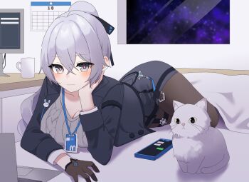 1girl black_jacket black_pantyhose black_skirt breasts bronya_zaychik bronya_zaychik_(outstanding_attitude) bronya_zaychik_(silverwing:_n-ex) calendar_(object) cat cellphone cleavage closed_mouth commentary_request computer cup drill_hair grey_eyes grey_hair grey_sweater h2o_omizu highres honkai_(series) honkai_impact_3rd id_card indoors jacket laptop large_breasts long_hair looking_at_viewer lying mug official_alternate_costume on_bed on_stomach pantyhose pencil_skirt phone pillow skirt smile sweater