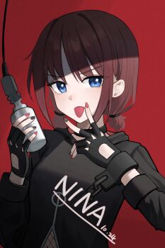 1girl absurdres black_gloves black_hoodie black_nails brown_hair character_name chinese_commentary commentary_request dated fingerless_gloves girls_band_cry gloves happy05x highres hood hood_down hoodie iseri_nina low_twintails microphone mixed-language_commentary multicolored_nails nail_polish open_mouth red_nails shade short_hair short_twintails solo twintails upper_body v v_over_mouth