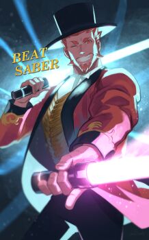 1boy 2bro. absurdres beard beat_saber black_hat black_pants coat commentary_request cosplay dual_wielding energy_sword facial_hair grin hat highres holding male_focus mature_male one_eye_closed otoja_(2bro.) p.t._barnum p.t._barnum_(cosplay) pants red_coat red_eyes ringmaster saida_(ohda_ooda) short_hair smile sword the_greatest_showman top_hat weapon