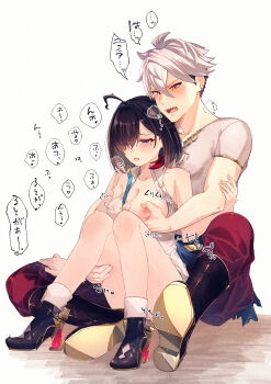 1boy 1girl absurdres ahoge atelier_(series) atelier_yumia blush breasts commentary_request drooling grabbing_another&#039;s_breast groping hetero high_heels highres large_breasts open_mouth parted_bangs purple_eyes rgbjt rutger_arendt sharp_teeth short_hair simple_background sitting tearing_up teeth translation_request undercut white_background yellow_eyes yumia_liessfeldt