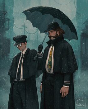2boys alternate_costume balcony black_capelet black_coat black_gloves black_hair black_hat black_necktie brown_hair capelet coat collared_shirt commentary disco_elysium english_commentary facial_hair fog glasses gloves green_necktie harry_du_bois hat head_tilt holding holding_umbrella kim_kitsuragi male_focus multiple_boys mutton_chops necktie nipuni outdoors power_lines rain road shirt short_hair standing street umbrella utility_pole white_shirt