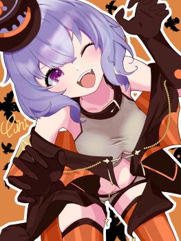 1girl absurdres bare_shoulders blush breasts brown_gloves brown_hat claw_pose collar commentary_request crop_top elbow_gloves fang gloves grey_shirt grey_shorts halloween hands_up hat highres idola_phantasy_star_saga leaning_forward looking_at_viewer medium_breasts medium_hair midriff mini_hat navel off-shoulder_capelet one_eye_closed open_mouth orange_background orange_thighhighs phantasy_star phantasy_star_online_2 phantasy_star_online_2_new_genesis popona purple_eyes purple_hair shirt shorts signature sleeveless sleeveless_shirt smile solo teeth thighhighs upper_teeth_only virtual_youtuber ynininini