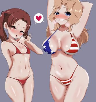 2girls american_flag_bikini american_flag_print armpits arms_up bikini blonde_hair blue_eyes blush breasts brown_eyes brown_hair clenched_teeth fellatio_gesture flag_print flag_print_bikini flat_chest girls_und_panzer heart kadotani_anzu kay_(girls_und_panzer) large_breasts looking_at_viewer multiple_girls naughty_face navel open_mouth picccolo0401 print_bikini swimsuit teeth tongue tongue_out