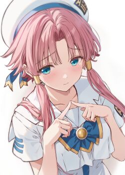 1girl aria_(manga) aria_company_uniform blue_bow blue_bowtie blue_eyes blush bow bowtie closed_mouth collarbone commentary_request cutlass_(classic_chocolate) dress hat highres index_fingers_together long_hair looking_at_viewer mizunashi_akari parted_bangs pink_hair short_sleeves simple_background solo tearing_up upper_body white_background white_dress white_hat