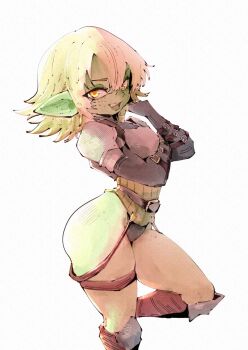1girl armor black_leotard blonde_hair body_freckles colored_skin cowboy_shot double-parted_bangs female_goblin freckles goblin green_skin hair_between_eyes hand_up highres legs leotard long_sleeves looking_at_viewer miregeist open_mouth original pointy_ears poleyn short_hair shoulder_armor simple_background smile solo standing standing_on_one_leg thigh_freckles white_background yellow_eyes