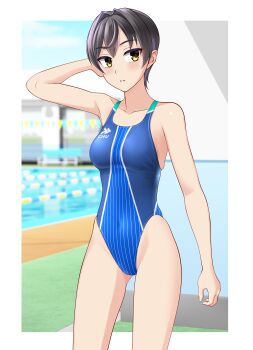 1girl absurdres black_hair blue_one-piece_swimsuit breasts brown_eyes commentary_request competition_swimsuit covered_navel cowboy_shot gluteal_fold groin highleg highleg_one-piece_swimsuit highres indoors lane_line medium_breasts one-piece_swimsuit original pool short_hair solo standing swimsuit takafumi two-tone_swimsuit variant_set