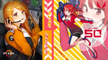 2girls absurdres amd character_name commentary dashboard english_commentary english_text gradient_clothes gradient_shirt graphics_card gun headset high_heels highres holding holding_gun holding_weapon logo mascot multiple_girls orange_hair radeon red_hair ryfa shadow shirt short_shorts shorts steelpipes weapon zenka