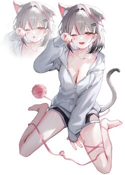 030_bv 1girl absurdres animal_ears bare_shoulders black_shorts cat_ears cat_girl cat_tail commentary_request dolphin_shorts grey_hair grey_hoodie highres hood hoodie korean_commentary looking_at_viewer medium_hair neneko_mashiro one_eye_closed open_mouth red_eyes red_hair short_shorts shorts simple_background sitting smile solo stellive tail wariza white_background yawning