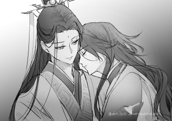 2boys bindi black_hair chinese_clothes closed_eyes closed_mouth commentary_request curtained_hair gradient_background grey_background half-closed_eyes half_updo hanfu heads_together highres long_hair looking_at_another luo_binghe male_focus monochrome multiple_boys parted_hair portrait profile renzha_fanpai_zijiu_xitong ribboned_xiao_guan sakuramochi1003 shen_qingqiu smile straight_hair twitter_username wavy_hair wolf_cut yaoi