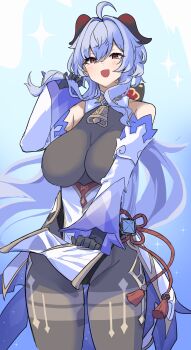 1girl absurdres ahoge bare_shoulders bell black_gloves black_pantyhose blue_dress blue_hair blue_skirt blush breasts cowbell dang0r0moti detached_sleeves dress ganyu_(genshin_impact) genshin_impact gloves goat_horns highres horns large_breasts open_mouth pantyhose ponytail purple_eyes skirt string vision_(genshin_impact)