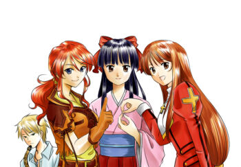 Rule 34 | 1boy, 3girls, anniversary, black hair, blonde hair, blue eyes, brown eyes, brown hair, collar, cowboy western, cross, dress, erica fontaine, finger counting, freckles, gemini sunrise, gloves, hair ribbon, hat, hugo juliard, index finger raised, jacket, japanese clothes, jewelry, juliet sleeves, kanakoz, kimono, latin cross, long hair, long sleeves, looking at viewer, multiple girls, necklace, number-shaped hands, orange jacket, orange skirt, pink kimono, ponytail, puffy sleeves, red dress, red gloves, red hair, red ribbon, red skirt, ribbon, sakura taisen, sakura taisen: kanade-gumi, sakura taisen iii, sakura taisen v, shinguuji sakura, shirt, sidelocks, skirt, smile, white collar, white shirt, yellow shirt