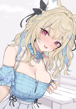 1girl animal_ear_fluff animal_ears bare_shoulders black_bow blonde_hair blue_bow blue_collar blue_hair blue_shirt blue_sleeves blush bow braid breasts cleavage clothes_grab collar detached_sleeves frilled_collar frills fuwawa_abyssgard hair_between_eyes hair_bow hair_ornament hairclip hanefuro highres hololive large_breasts long_hair looking_at_viewer open_mouth parallel_hairclips pleated_skirt red_eyes shirt short_sleeves skirt sleeve_bow sleeveless sleeveless_shirt smile solo spaghetti_strap upper_body virtual_youtuber wavy_hair white_skirt x_hair_ornament
