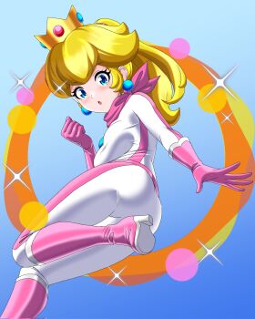 Rule 34 | 1girl, :o, belt, biker clothes, biker peach, bikesuit, blonde hair, blue background, blue eyes, bodysuit, boots, breasts, brooch, crown, earrings, gloves, high ponytail, highres, irohazakayouth, jewelry, jumpsuit, long hair, looking at viewer, mario (series), mario kart, mario kart world, medium breasts, nintendo, official alternate costume, pink belt, pink boots, pink gloves, pink scarf, ponytail, princess peach, scarf, solo, sparkle, sphere earrings, white jumpsuit