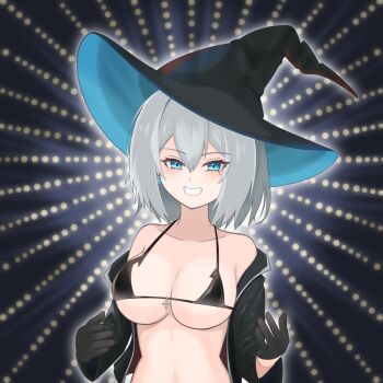 1girl alternate_breast_size_(larger) asama_deng_qie azur_lane bare_shoulders bikini black_bikini black_bra black_gloves black_jacket blue_eyes blue_gemstone blush bra breasts clothes_pull cropped_jacket earrings gem gloves grin hair_between_eyes hands_up hat highres jacket jacket_pull jade_(a_good_girl&#039;s_magic)_(azur_lane) jade_(azur_lane) jewelry large_breasts medium_hair mole mole_under_eye navel navel_peek open_clothes open_jacket smile solo swimsuit underwear upper_body white_hair witch witch_hat