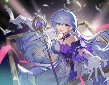 1girl :d aqua_eyes artist_name bare_shoulders bead_bracelet beads bird blue_hair bracelet commentary detached_sleeves dove dress english_commentary gloves hair_between_eyes halo head_wings highres honkai:_star_rail honkai_(series) jewelry long_hair looking_at_viewer open_mouth outstretched_arm outstretched_hand ranersha1 robin_(honkai:_star_rail) smile solo strapless strapless_dress very_long_hair white_bird white_dress white_gloves wings