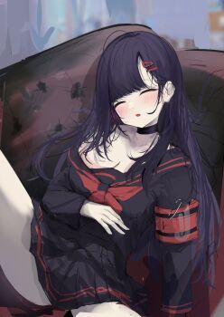 1girl :o absurdres armband asymmetrical_bangs bare_shoulders black_hair blue_archive blush bow breasts choker cleavage closed_eyes collarbone couch hair_ornament hairclip he_yue highres ichika_(blue_archive) knees_up large_breasts legs_apart long_hair lying miniskirt off-shoulder_shirt off_shoulder on_back open_mouth pleated_skirt safety_pin school_uniform serafuku shirt sidelocks skirt sleeping solo