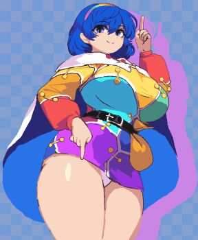 1girl :d animated animated_gif arm_up belt belt_pouch blue_cape blue_eyes blue_hair breasts cape closed_mouth collared_cape cowboy_shot curvy dancing dress hairband index_finger_raised large_breasts long_sleeves looking_at_viewer microdress miniskirt multicolored_dress multicolored_hairband namako_daibakuhatsu non-web_source open_mouth orange_sleeves panties pantyshot patchwork_clothes pointing pointing_down pointing_up pouch rainbow_gradient rainbow_hairband sack short_hair skirt smile solo standing tenkyuu_chimata thick_thighs thighs touhou two-sided_cape two-sided_fabric unconnected_marketeers underwear white_cape white_panties wide_hips