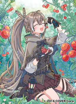 Rule 34 | 1girl, asymmetrical legwear, belt pouch, berry, boots, bow, bowtie, breasts, brown bow, brown bowtie, brown cloak, brown gloves, brown hair, brown skirt, cloak, closed eyes, commentary request, corset, dagger, double-parted bangs, feather hair, food, fruit, gloves, hair ornament, hairclip, hiro046k, holding, holding food, holding fruit, hololive, hololive english, knife, lantern, leather, leather belt, leather boots, long hair, mismatched legwear, multicolored hair, nanashi mumei, nanashi mumei (1st costume), official art, open mouth, outdoors, partially fingerless gloves, ponytail, pouch, shirt, sitting, skirt, small breasts, smile, streaked hair, three-quarter sleeves, underbust, very long hair, virtual youtuber, wariza, weapon, white shirt