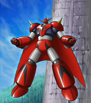 Rule 34 | arm blade, armor, blue armor, chipped paint, clenched hands, commentary request, flying, forehead jewel, full body, getter dragon, getter robo, getter robo g, head spikes, highres, mecha, mecha focus, multicolored armor, outdoors, red armor, robot, scratched paint, shin getter robo, shoulder spikes, solo, spikes, super robot, tomolow1971, weapon, yellow eyes