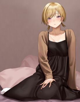 1girl alternate_costume alternate_hairstyle arm_support bad_anatomy bad_hands black_dress blonde_hair blush brown_shirt commentary cushion dress frown highres idolmaster idolmaster_shiny_colors looking_at_viewer out_type_(outtypeex) pinafore_dress saijo_juri shirt short_twintails sitting sleeveless sleeveless_dress solo twintails yokozuwari