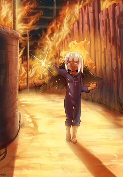 1girl artist_request attack backlighting barefoot black_wings blunt_bangs bodysuit burning cityscape cross dark-skinned_female dark_skin destruction energy female_focus fire formal_clothes happy highres hole laser light loli night one_piece power_lines s-snake seraphim_(one_piece) smile solo source_request suit threatening walking white_eyes white_hair wings