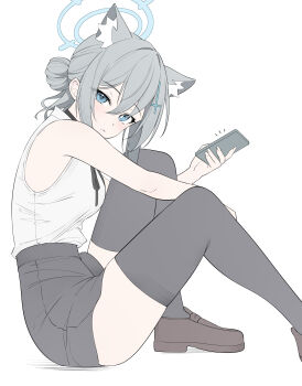 1girl absurdres alternate_costume animal_ear_fluff animal_ears bare_arms bare_shoulders black_ribbon black_shorts black_thighhighs blue_archive blue_eyes blue_halo blush brown_shoes cellphone closed_mouth collared_shirt cosplay extra_ears from_side grey_hair hair_between_eyes hair_bun halo high-waist_shorts highres holding holding_phone looking_at_viewer phone rable reze_(chainsaw_man) reze_(chainsaw_man)_(cosplay) ribbon shiroko_(blue_archive) shirt shoes short_hair short_shorts shorts simple_background sitting sleeveless sleeveless_shirt smartphone solo thighhighs white_background white_shirt wolf_ears wolf_girl