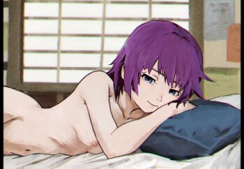 Rule 34 | 1girl, absurdres, ass, bed, bed sheet, bedroom, blue eyes, breasts, closed mouth, collarbone, commentary, completely nude, film grain, groin, head on hand, highres, huge filesize, indoors, light smile, long hair, looking at viewer, lying, monogatari (series), narrowed eyes, navel, nipples, nude, on bed, on stomach, out-of-frame censoring, pillow, pov, purple hair, romaji commentary, sanketsu (user zxmp2323), senjougahara hitagi, shouji, sliding doors, small breasts, smile, solo, twisted torso