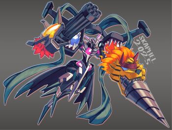 Rule 34 | arm blade, arm cannon, armor, black armor, borrowed character, brigadramon, chaosmon, chest jewel, commission, digimon, digimon (creature), drill, full body, fusion, grey background, gun, heavy machine gun, heavyleomon, machine gun, oridigi, simple background, skaphel, weapon, white background