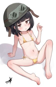 1girl :o absurdres arm_support bad_id bad_twitter_id barefoot bikini black_hair blush boppin borrowed_character brown_eyes cameltoe combat_helmet commission flat_chest goggles goggles_on_headwear gold_bikini helmet highres jitome loli micro_bikini mole mole_on_cheek original side-tie_bikini_bottom simple_background sitting solo spread_legs swimsuit white_background