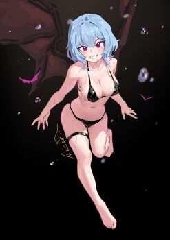 1girl absurdres artist_name bat_wings bikini black_bikini blue_hair breasts cleavage full_body haoli_mei_an highres looking_at_viewer micro_bikini red_eyes remilia_scarlet short_hair smile solo swimsuit teeth thigh_strap touhou wings