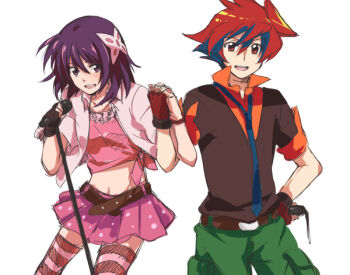 Rule 34 | 1boy, 1girl, bad id, bad pixiv id, bashin dan, battle spirits, battle spirits: brave, holding hands, hand on own hip, hetero, hip focus, microphone, microphone stand, purple hair, red hair, shinomiya mai, short hair, tarou (run)