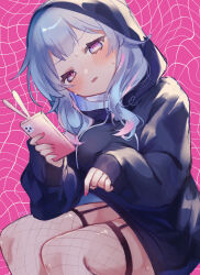 Rule 34 | 1girl, @ @, absurdres, black hoodie, blue eyes, blue hair, blush, cellphone, fishnet pantyhose, fishnets, garter straps, hatsune miku, heart, heart hair, highres, hood, hood up, hoodie, kuromu (96-94), long hair, long sleeves, looking at viewer, mask, mouth mask, multicolored hair, pantyhose, phone, pink background, pink hair, pink nails, rabbit hole (vocaloid), sleeves past wrists, smartphone, solo, streaked hair, surgical mask, two-tone hair, unworn mask, vocaloid