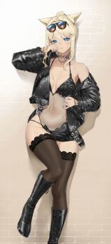 (ff14) 1girl absurdres against_wall animal_ears black_boots black_jacket black_leotard black_thighhighs blonde_hair blue_eyes blue_nails blush boots breasts brick_wall cat_ears choker cleavage closed_mouth collarbone commission eyewear_on_head final_fantasy final_fantasy_xiv fishnet_leotard fishnets gyaru highres jacket jewelry knee_boots lace-up_boots leather leather_jacket leg_up leotard light long_hair long_sleeves looking_at_viewer medium_breasts miqo'te nail_polish navel navel_piercing necklace off_shoulder open_clothes open_jacket piercing pixel_(yuxian) pixiv_commission ponytail rokku_gyaru sidelocks single_bare_shoulder smile solo standing standing_on_one_leg sunglasses sunglasses_on_head thighhighs warrior