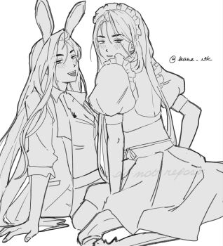 2girls alien_stage animal_ears blush breasts chest_tattoo commentary dress english_commentary greyscale highres hyuna_(alien_stage) jacket kana_(kana_rtk) long_hair looking_at_viewer maid maid_headdress monochrome multiple_girls official_alternate_costume puffy_short_sleeves puffy_sleeves rabbit_ears rabbit_tattoo selfcest short_sleeves sitting sitting_on_lap sitting_on_person suit_jacket tattoo tongue tongue_out very_long_hair yuri