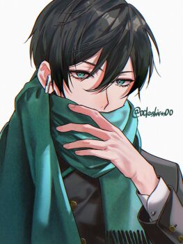 00kashian00 1boy aqua_eyes aqua_scarf black_hair black_jacket blue_lock commentary_request highres itoshi_rin jacket male_focus scarf scarf_over_mouth solo twitter_username upper_body wireless_earphones